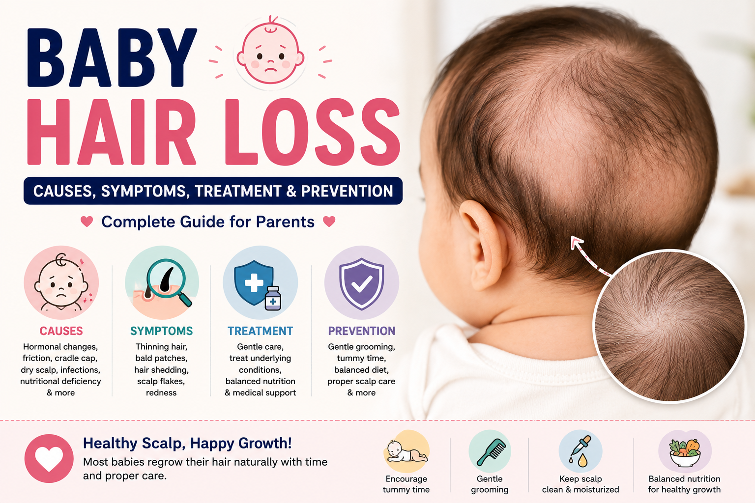 Baby hair loss showing thinning hair and bald patches on an infant's scalp with illustrations highlighting common causes, symptoms, treatment, prevention tips, and healthy hair regrowth.