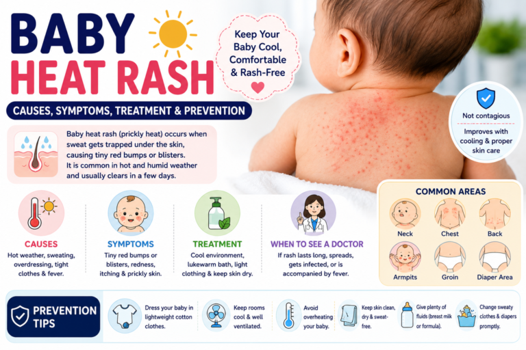 Baby heat rash infographic explaining the causes of prickly heat in babies, common symptoms, treatment options, prevention tips, and warning signs that require medical attention.