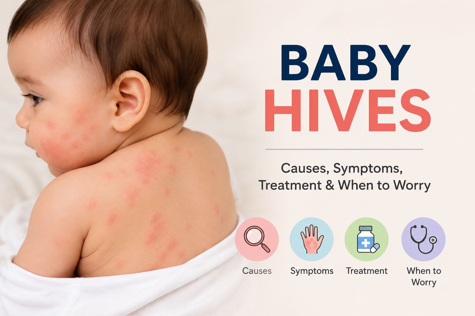 Baby hives infographic showing an infant with raised red welts on the face and back, explaining causes, symptoms, treatment and when parents should seek medical care.