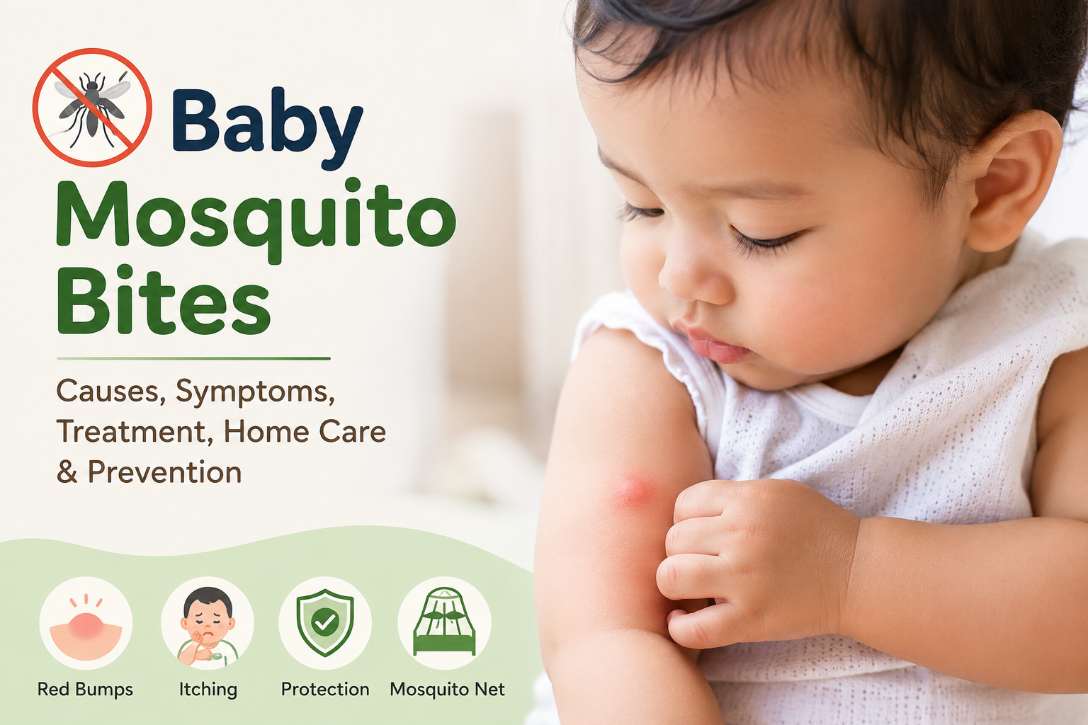 Baby mosquito bites infographic showing common symptoms, treatment tips, home care, mosquito bite prevention, warning signs, and when to consult a doctor.