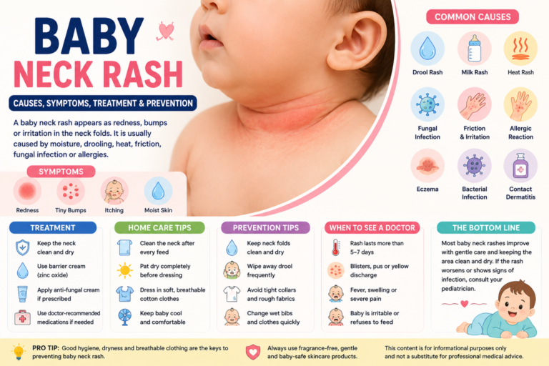 Baby neck rash infographic showing common causes like drool, heat, fungal infection and eczema, along with symptoms, treatment, prevention tips, and when parents should consult a doctor.