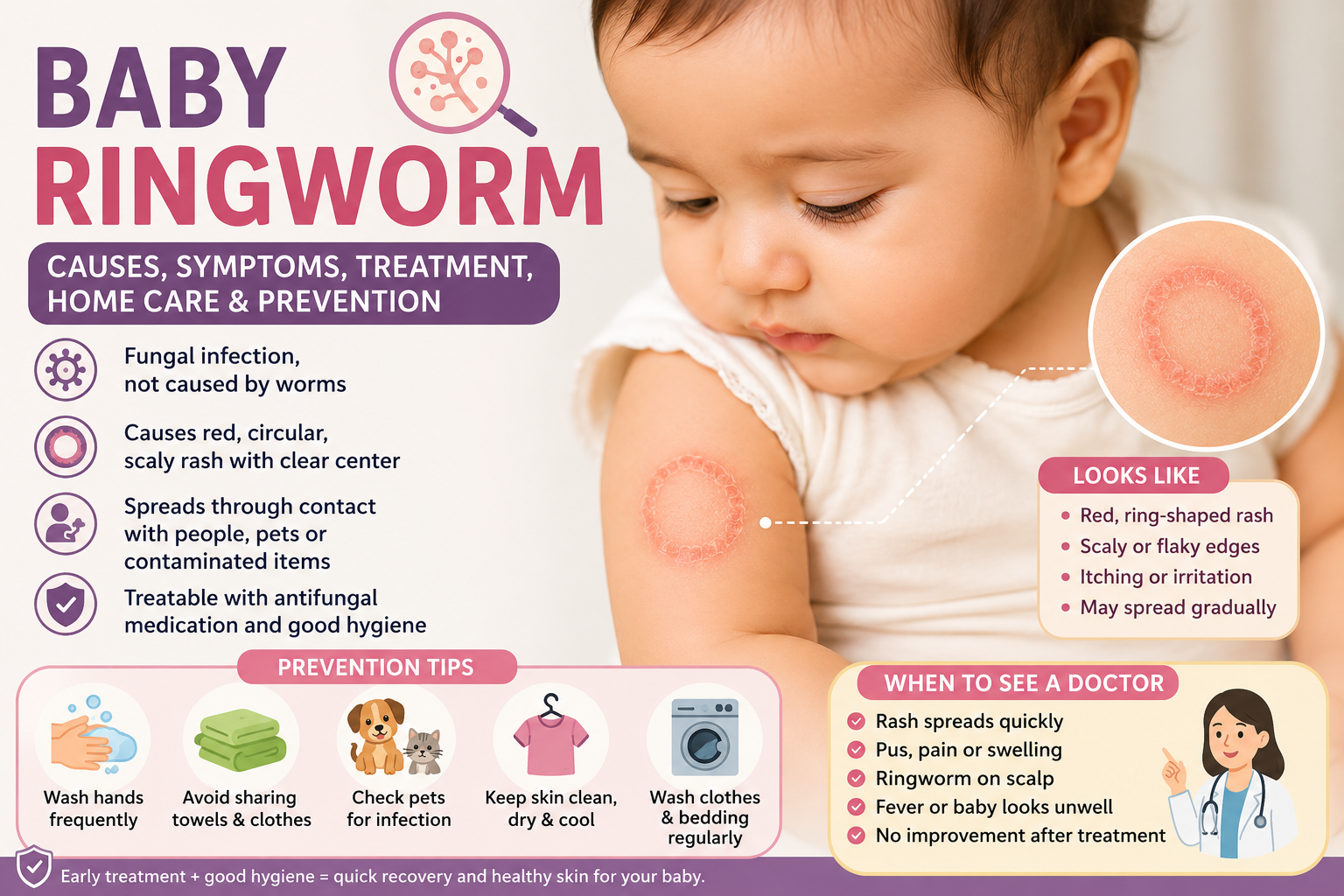 Baby ringworm infographic showing a circular fungal rash, common symptoms, causes, antifungal treatment, prevention tips, and signs that require medical attention.