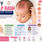 Baby scalp rash infographic showing common causes such as cradle cap, eczema, fungal infection, and dry scalp, with symptoms, treatment options, home care tips, and warning signs for parents.