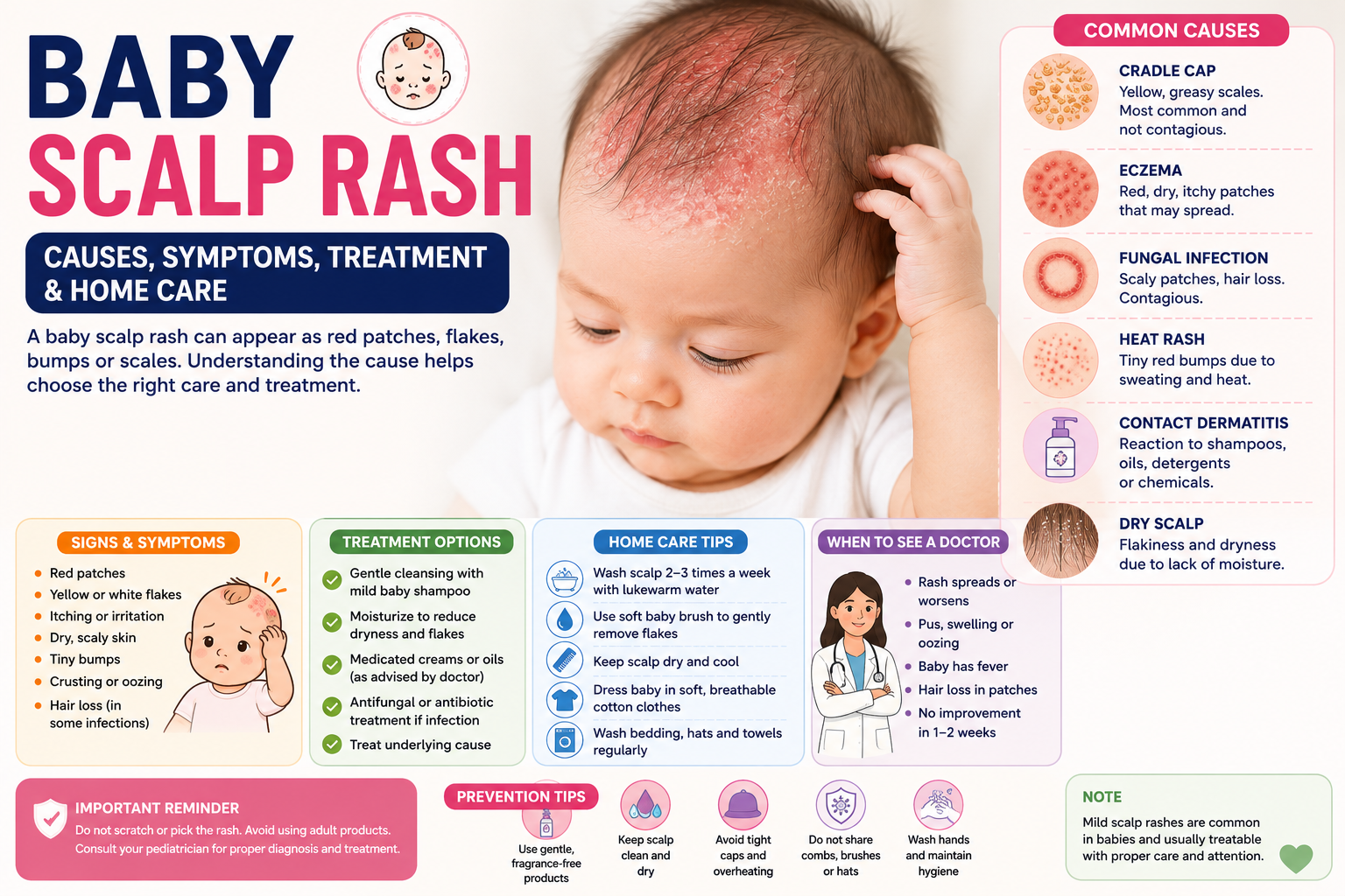 Baby scalp rash infographic showing common causes such as cradle cap, eczema, fungal infection, and dry scalp, with symptoms, treatment options, home care tips, and warning signs for parents.