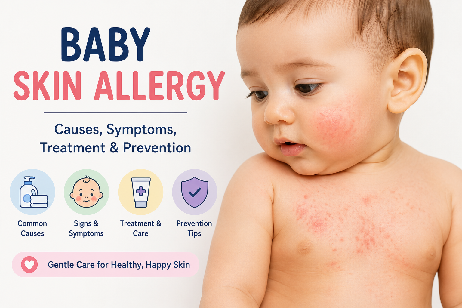 Baby skin allergy infographic showing an infant with an allergic skin rash and highlighting common causes, symptoms, treatment, and prevention tips for parents.
