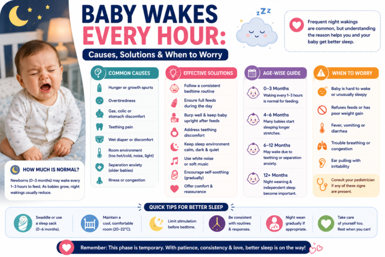 Baby waking every hour at night infographic showing common causes, age-wise sleep patterns, sleep tips, and warning signs for parents.