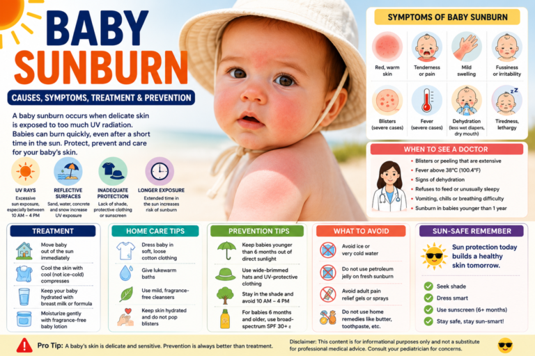 Baby sunburn infographic showing symptoms, causes, treatment, home care tips, prevention strategies, UV protection, and when parents should seek medical attention.