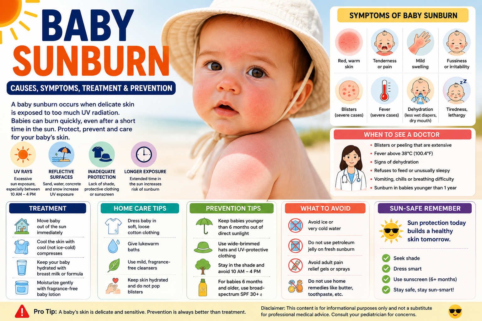 Baby sunburn infographic showing symptoms, causes, treatment, home care tips, prevention strategies, UV protection, and when parents should seek medical attention.