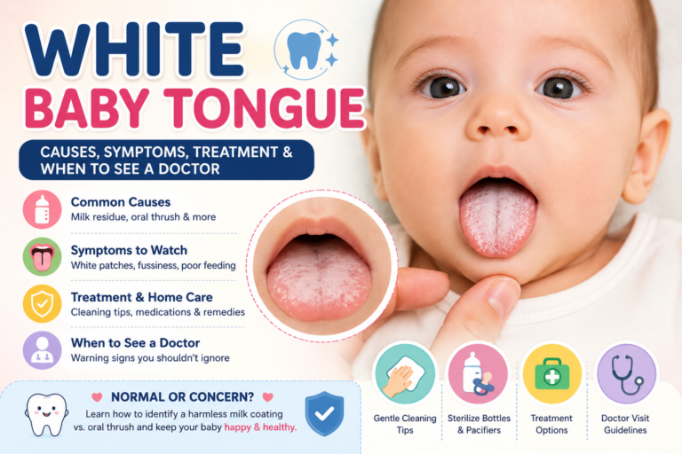 White baby tongue infographic explaining the causes of a white-coated tongue in infants, symptoms of oral thrush, treatment options, oral hygiene tips, and when to see a doctor.