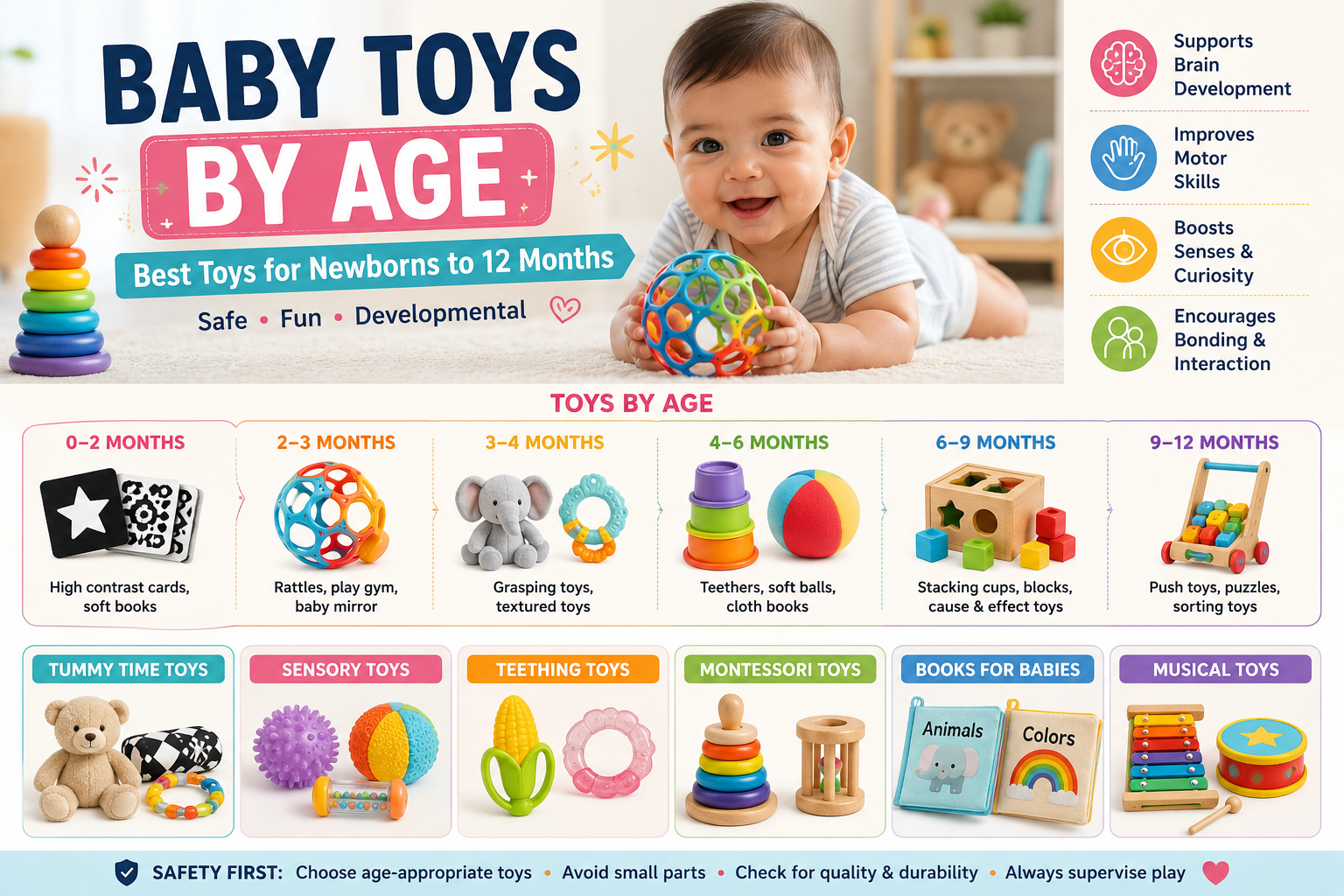 Baby toys by age for newborns to 12 months including sensory, teething and developmental toys