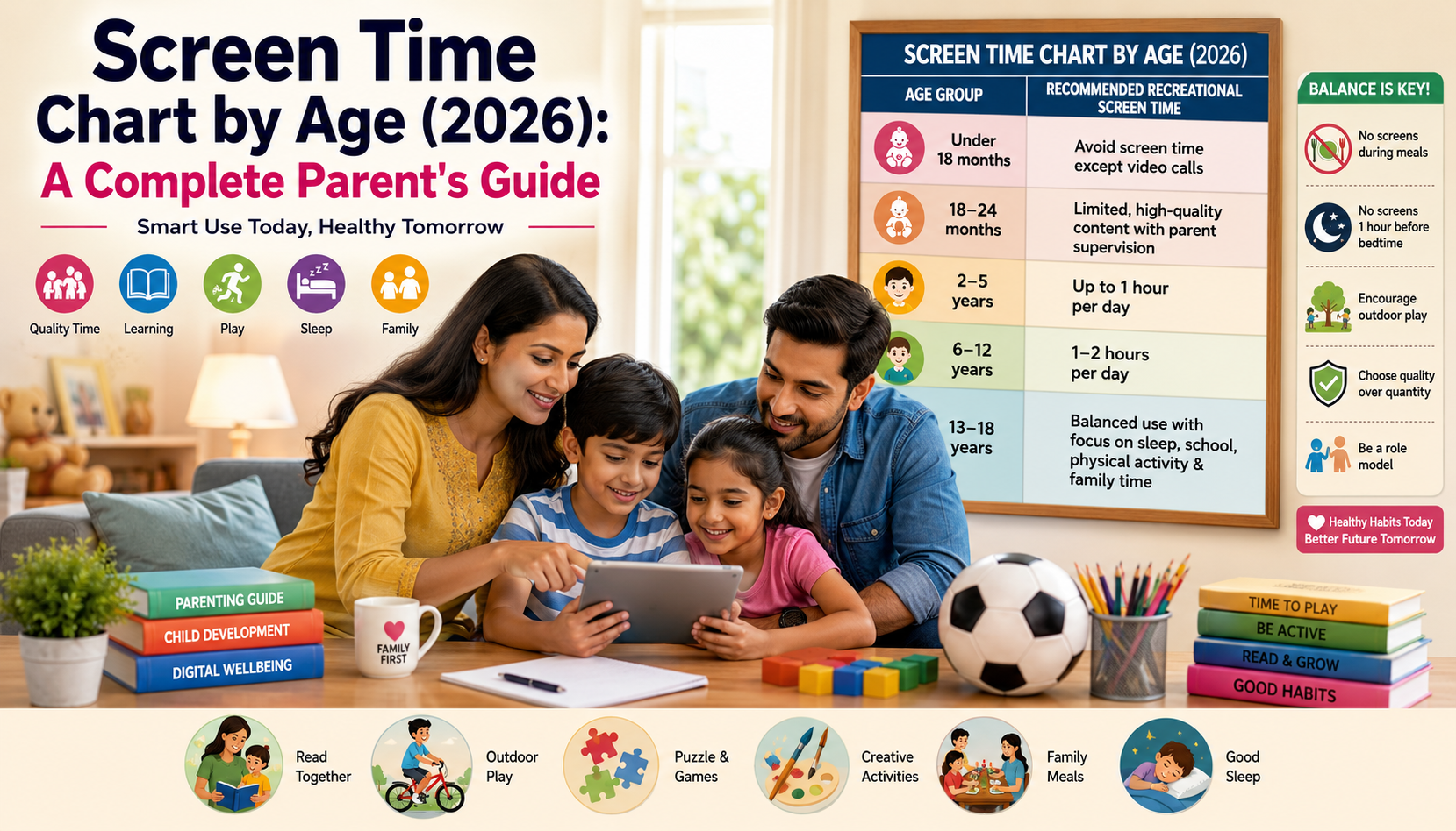Parents helping children follow healthy screen time limits with an age-wise screen time chart in a family home.