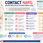 Parent holding a sleeping baby during a contact nap with illustrations showing safe sleep tips, crib transition, and infant nap guidance.