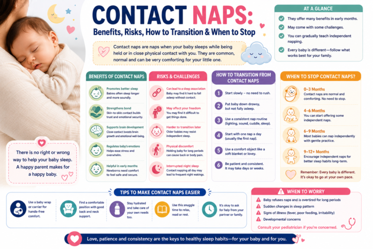 Parent holding a sleeping baby during a contact nap with illustrations showing safe sleep tips, crib transition, and infant nap guidance.
