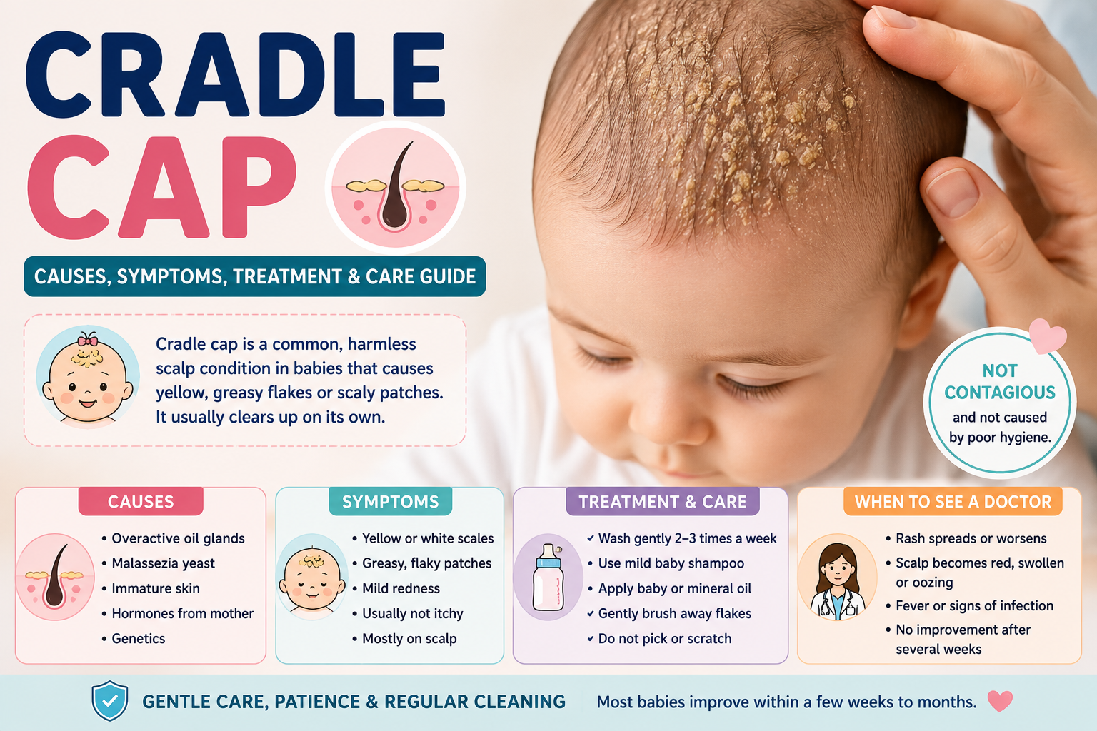 Cradle cap infographic explaining the causes of yellow flaky scalp in babies, common symptoms, safe treatment, home care tips, and when parents should see a doctor.