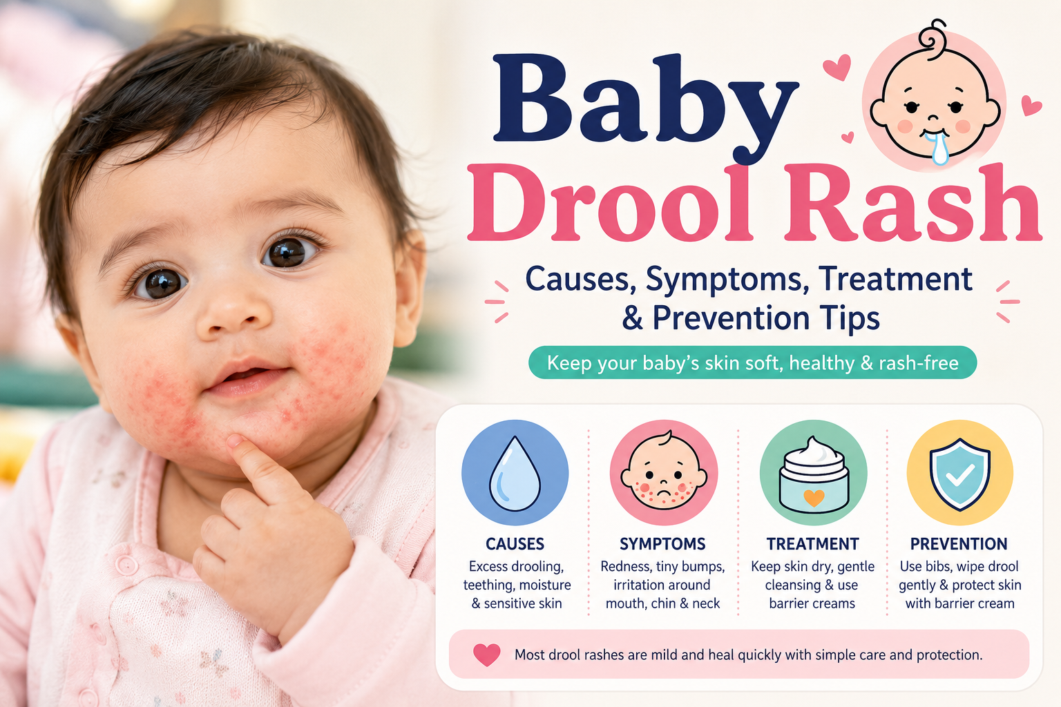 Baby drool rash on infant's cheeks and chin showing redness caused by excessive drooling during teething, with treatment and prevention tips.