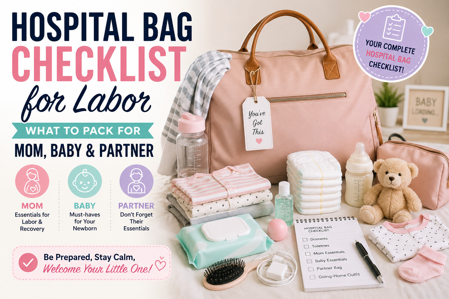 Hospital bag checklist for labor with essentials for mom, baby and partner