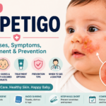 Baby impetigo showing honey-colored crusts and red sores on an infant's face with illustrations highlighting symptoms, bacterial causes, treatment, prevention tips, and when parents should consult a doctor.