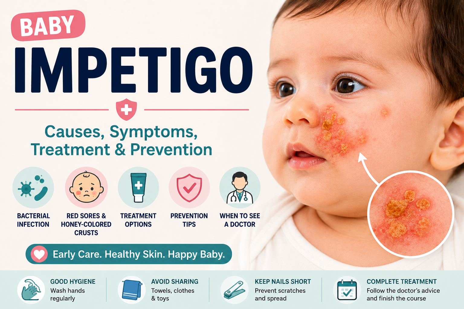 Baby impetigo showing honey-colored crusts and red sores on an infant's face with illustrations highlighting symptoms, bacterial causes, treatment, prevention tips, and when parents should consult a doctor.