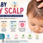 Baby dry scalp with fine white flakes on the scalp showing common causes, symptoms, treatment, prevention tips, and gentle scalp care for infants.