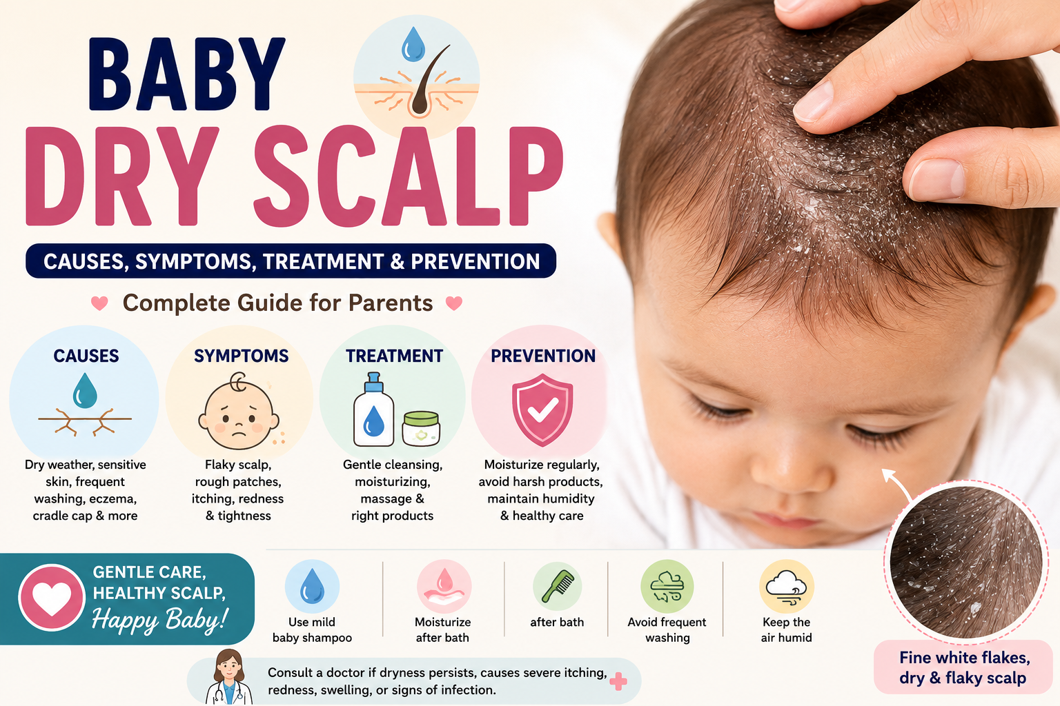 Baby dry scalp with fine white flakes on the scalp showing common causes, symptoms, treatment, prevention tips, and gentle scalp care for infants.