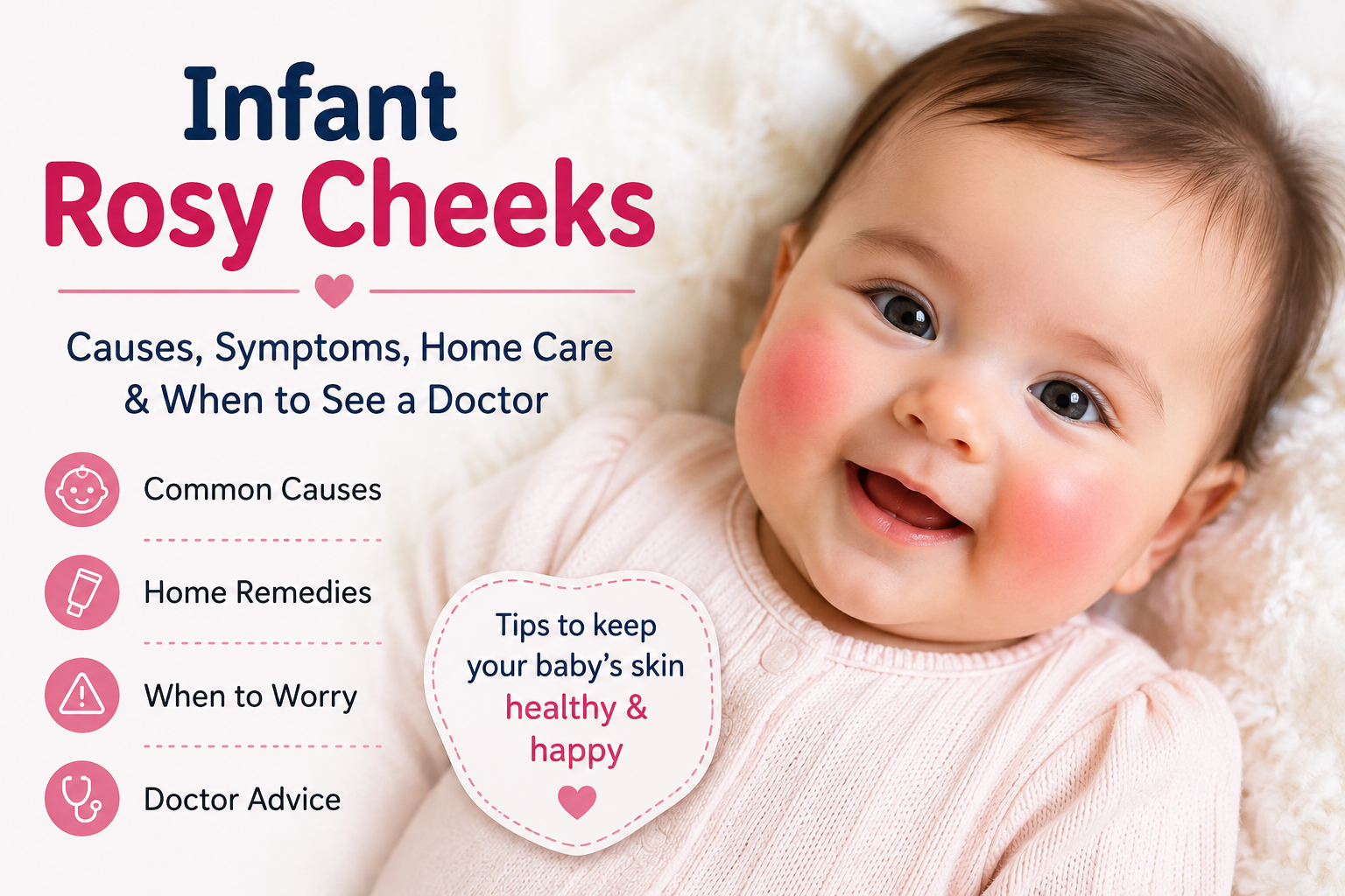 Infant rosy cheeks infographic showing common causes, symptoms, home care tips, and warning signs for babies with flushed or red cheeks.