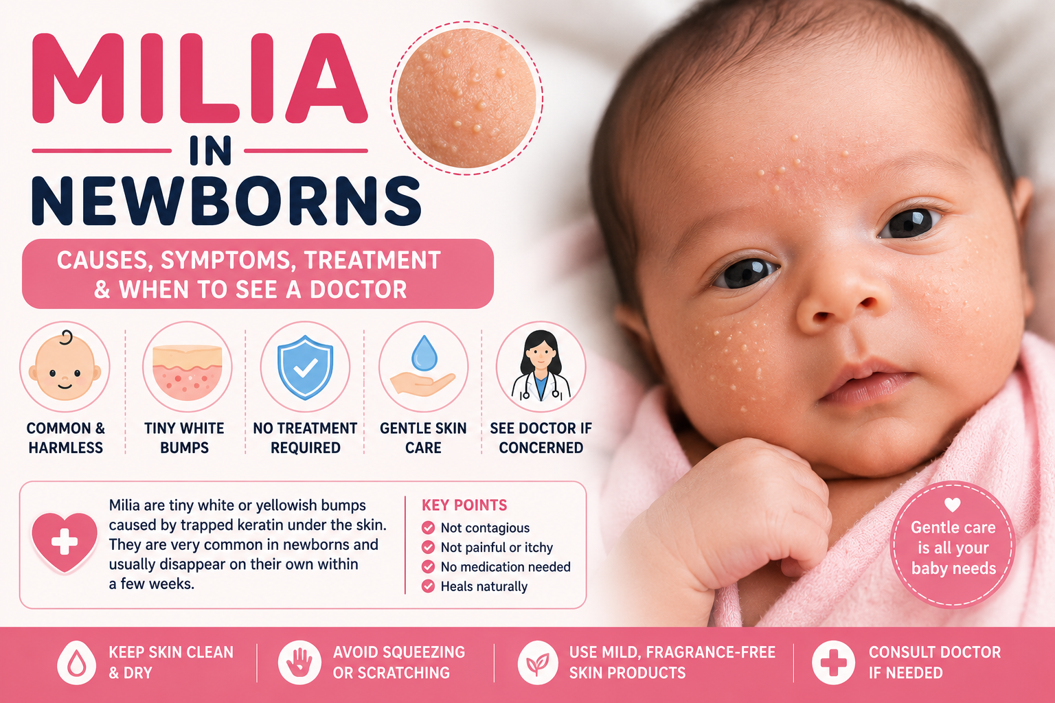 Milia in newborns infographic showing tiny white bumps on a baby's face, common causes, symptoms, home care tips, and signs that require medical attention.