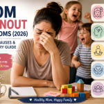 Overwhelmed mother experiencing burnout while caring for young children, highlighting common symptoms, stress, emotional exhaustion, and self-care strategies.