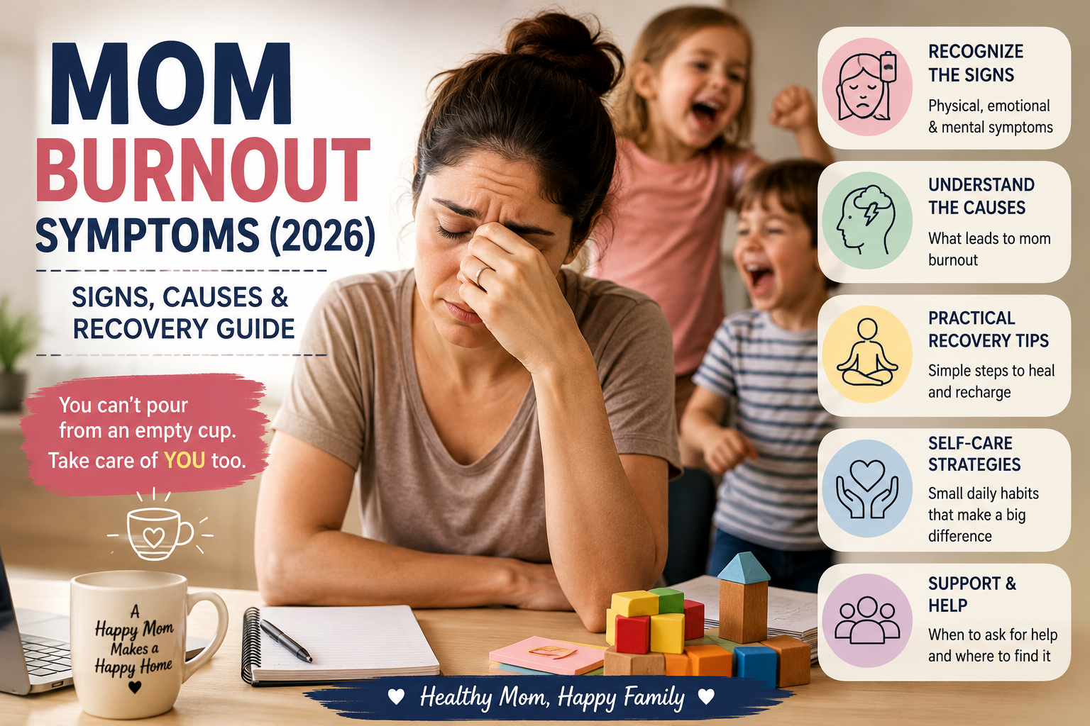 Overwhelmed mother experiencing burnout while caring for young children, highlighting common symptoms, stress, emotional exhaustion, and self-care strategies.