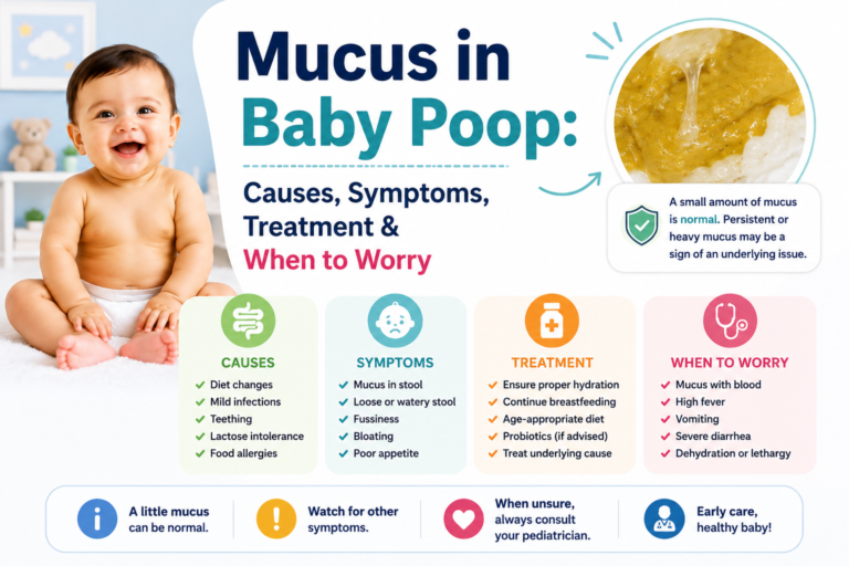 Mucus in baby poop infographic showing slimy baby stool, common causes, warning signs, treatment options, and when parents should see a doctor.