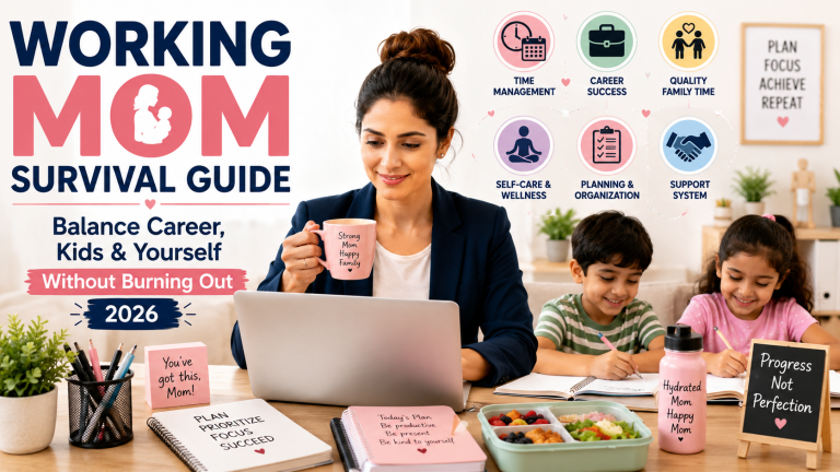 Working mother balancing office work, parenting, childcare, and self-care while maintaining a healthy work-life balance.