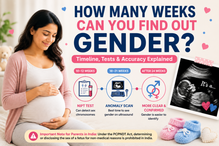 Pregnant woman illustrating how many weeks you can find out your baby's gender through NIPT testing, ultrasound scans and pregnancy timeline.