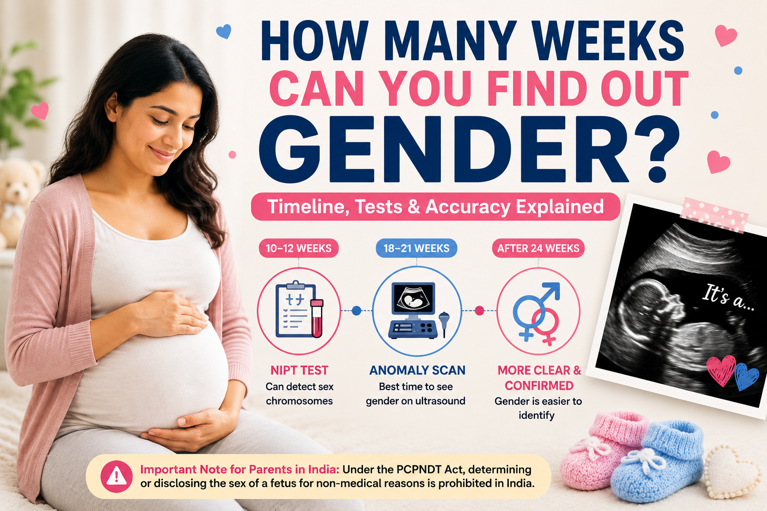 Pregnant woman illustrating how many weeks you can find out your baby's gender through NIPT testing, ultrasound scans and pregnancy timeline.