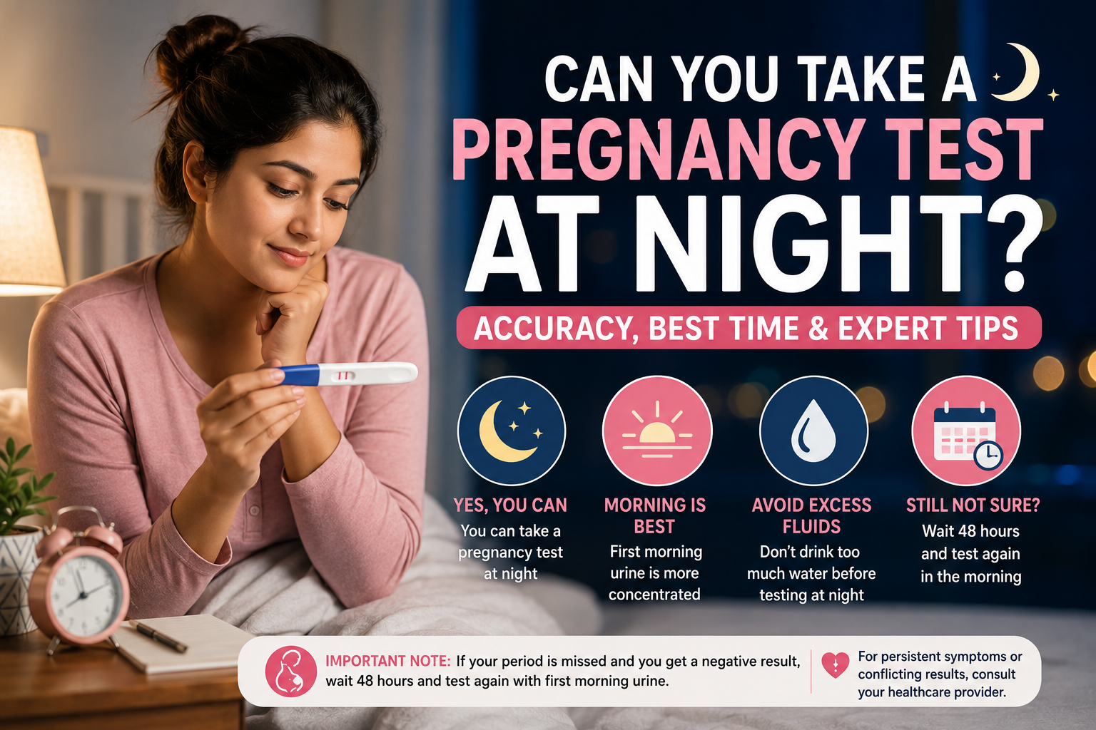 Can you take a pregnancy test at night? Pregnant woman holding a home pregnancy test showing the best time and accuracy of nighttime pregnancy testing.