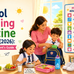 Mother helping children get ready for school with a colorful morning routine checklist, breakfast, school bag, alarm clock, and healthy daily habits.