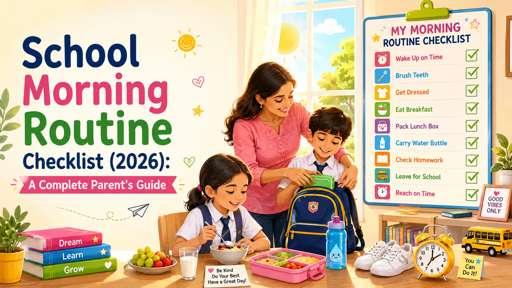 Mother helping children get ready for school with a colorful morning routine checklist, breakfast, school bag, alarm clock, and healthy daily habits.
