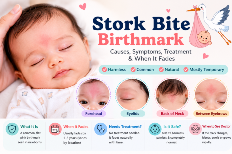Stork bite birthmark infographic showing a newborn with a pink salmon patch on the forehead, common locations, causes, symptoms, treatment and when it usually fades naturally.