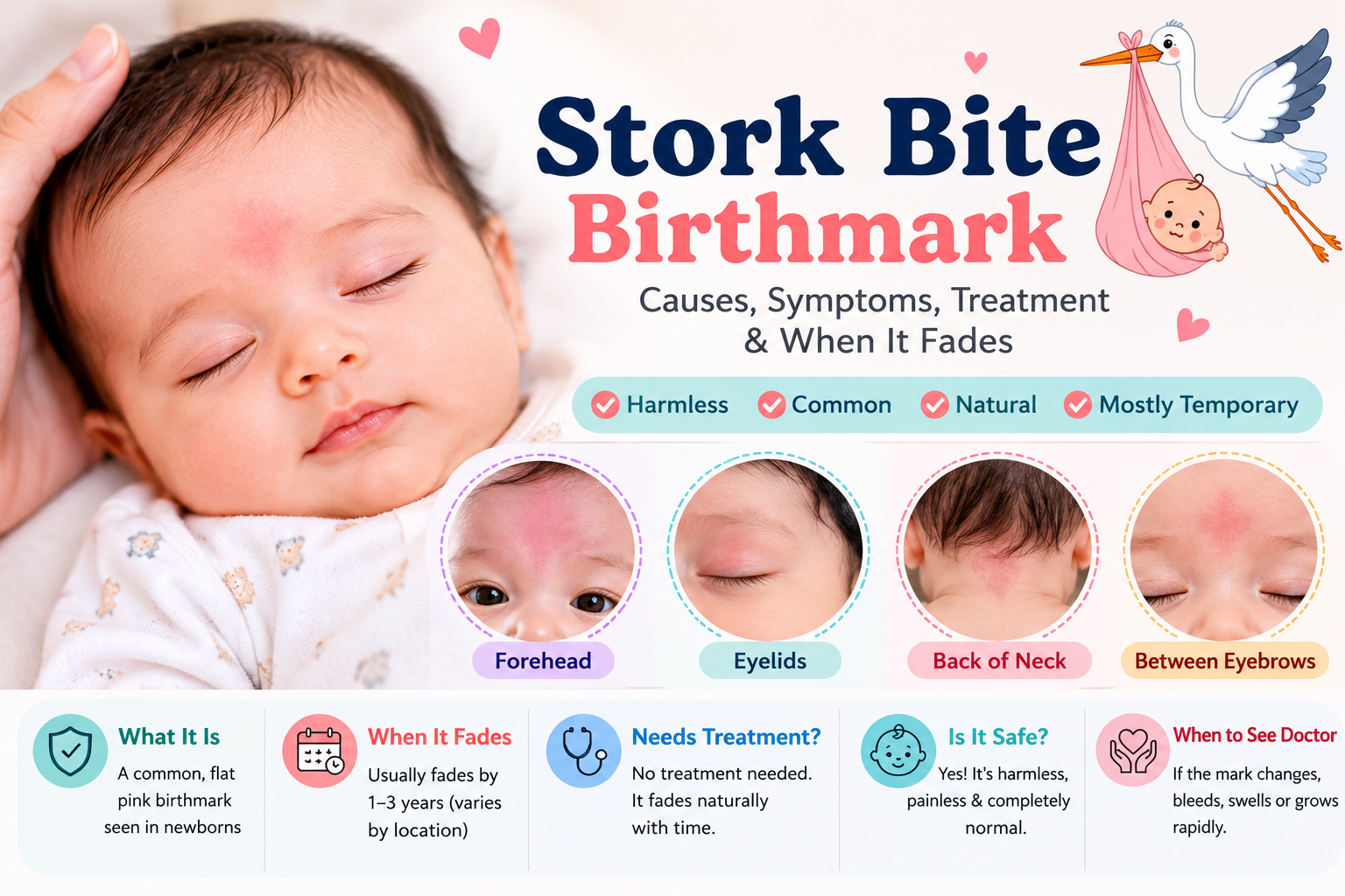 Stork bite birthmark infographic showing a newborn with a pink salmon patch on the forehead, common locations, causes, symptoms, treatment and when it usually fades naturally.