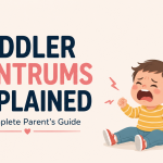 Illustration of a toddler having a tantrum while a calm parent responds with patience and reassurance, demonstrating positive parenting techniques.