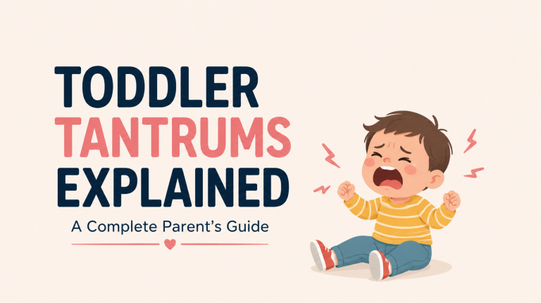 Illustration of a toddler having a tantrum while a calm parent responds with patience and reassurance, demonstrating positive parenting techniques.