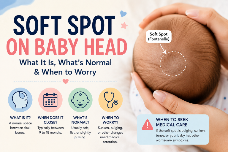 Soft spot on baby head showing fontanelle location and when to worry