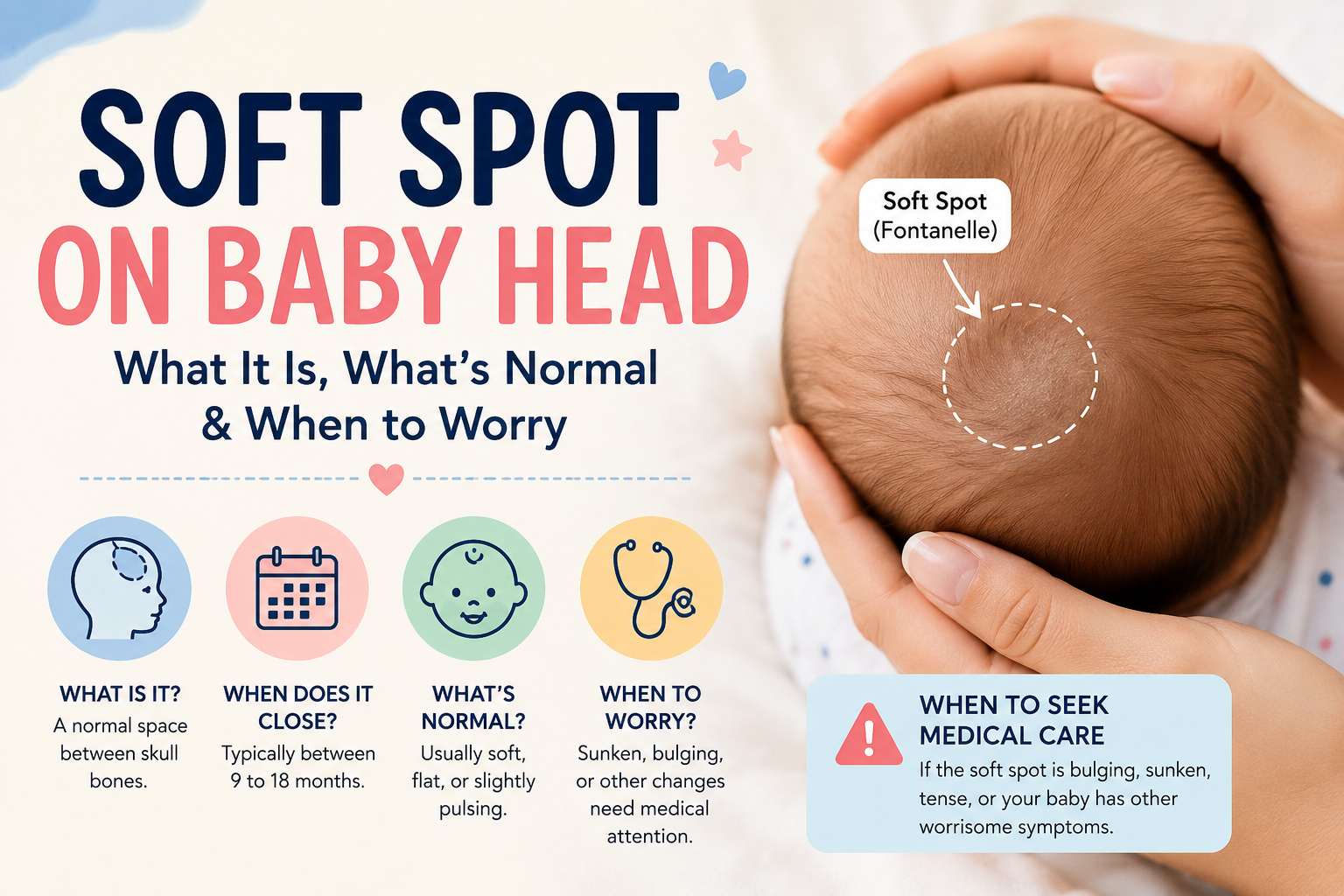 Soft spot on baby head showing fontanelle location and when to worry