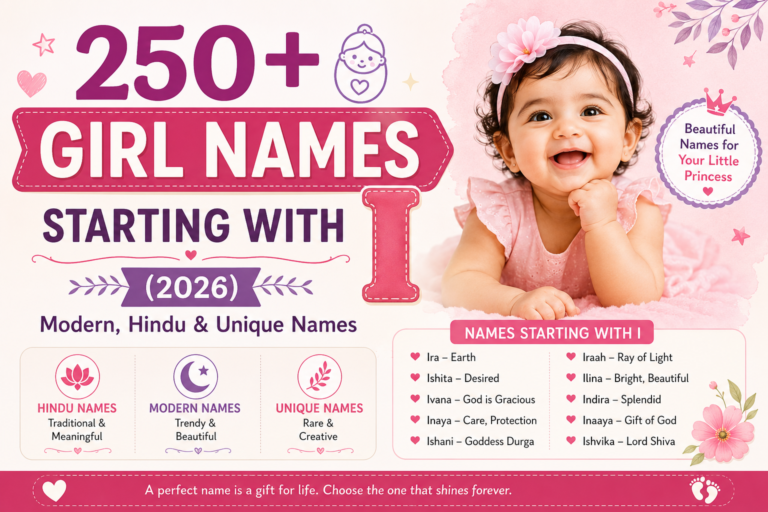 Girl names starting with I infographic featuring modern, Hindu, Muslim, Sanskrit, Christian and unique baby girl names with meanings for parents choosing a baby name.