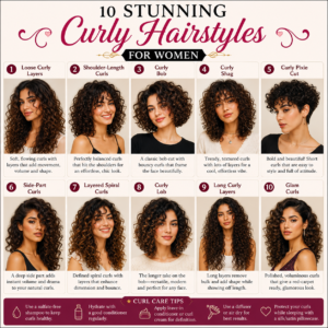 Infographic titled "10 Stunning Curly Hairstyles for Women" showcasing ten stylish curly haircuts, including loose curly layers, shoulder-length curls, curly bob, curly shag, curly pixie cut, side-part curls, layered spiral curls, curly lob, long curly layers, and glam curls. Each hairstyle features a portrait with a brief description, while a footer provides essential curl care tips such as using sulfate-free shampoo, regular conditioning, leave-in products, diffusing or air-drying, and sleeping on a silk or satin pillowcase.