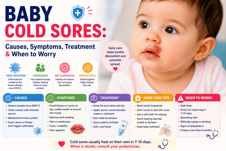 Baby cold sores infographic showing lip blisters, HSV-1 infection symptoms, treatment, prevention tips, and emergency warning signs for infants.