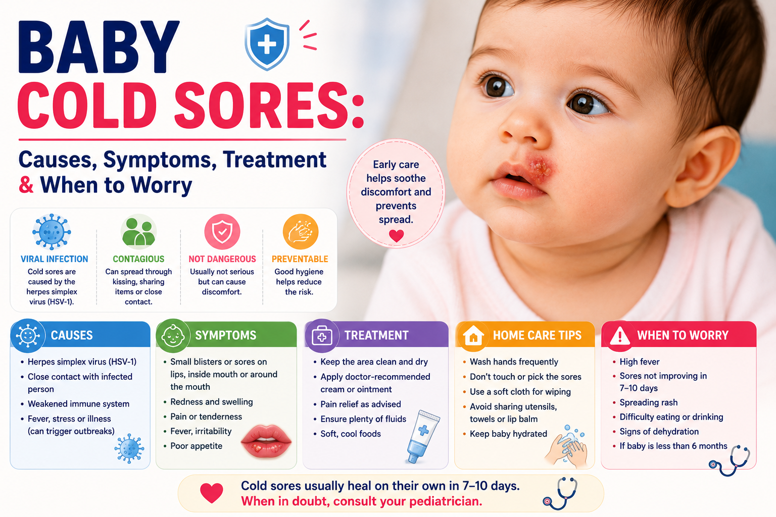Baby cold sores infographic showing lip blisters, HSV-1 infection symptoms, treatment, prevention tips, and emergency warning signs for infants.