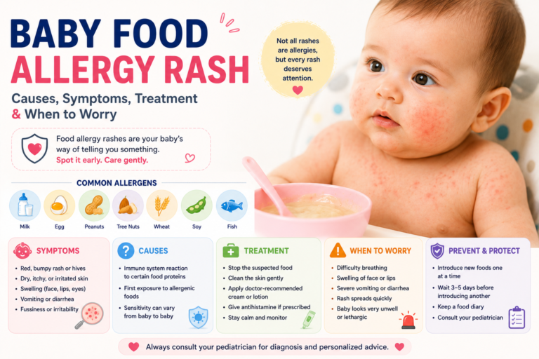 Baby food allergy rash infographic showing common food allergens, hives, skin rash symptoms, treatment tips, and emergency warning signs in babies.