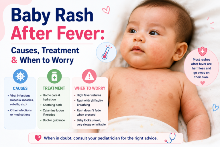 Baby rash after fever infographic showing roseola rash, common causes, symptoms, treatment, home care tips, and emergency warning signs for parents.