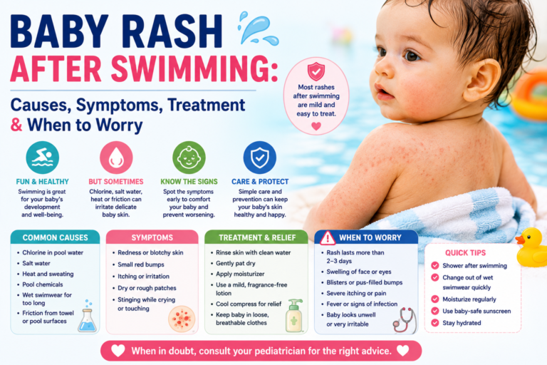 Baby rash after swimming infographic showing chlorine rash, swimmer's itch, eczema flare-up, treatment tips, prevention measures, and warning signs.