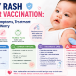 Baby rash after vaccination infographic showing normal vaccine reactions, MMR rash, injection-site redness, home care tips, and emergency warning signs.