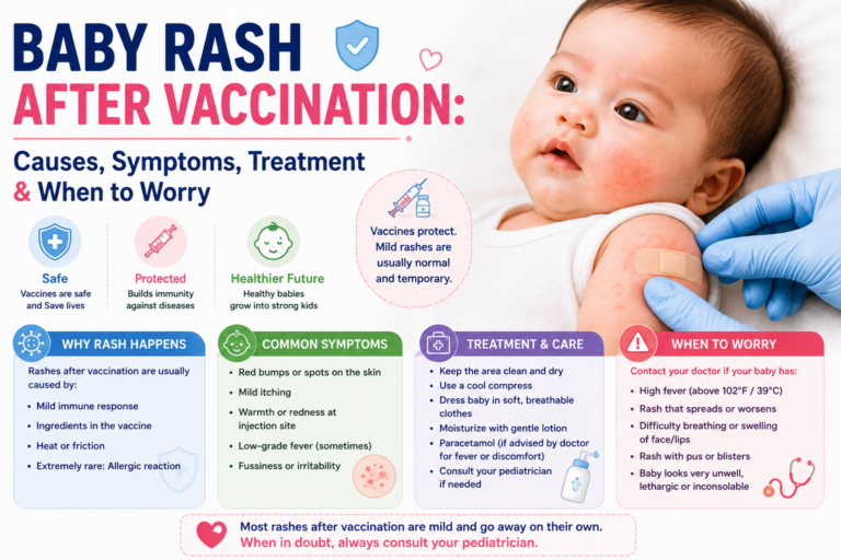 Baby rash after vaccination infographic showing normal vaccine reactions, MMR rash, injection-site redness, home care tips, and emergency warning signs.